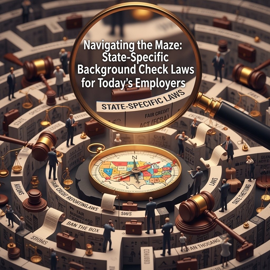 Maze in background with US States in compass in the center with magnifying glass showing blog title